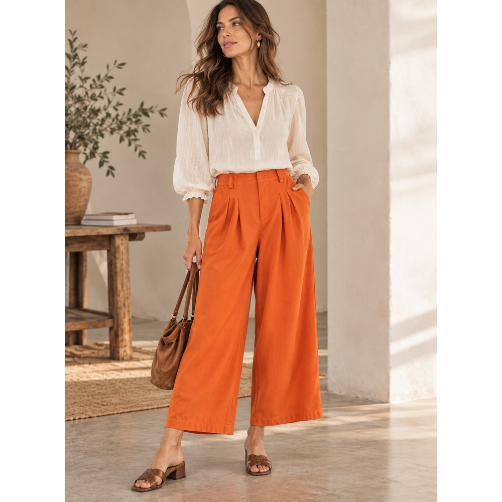 Halara Pants S Orange Waffle Knit Wide Leg Crop Pleated Elastic Waist Boho